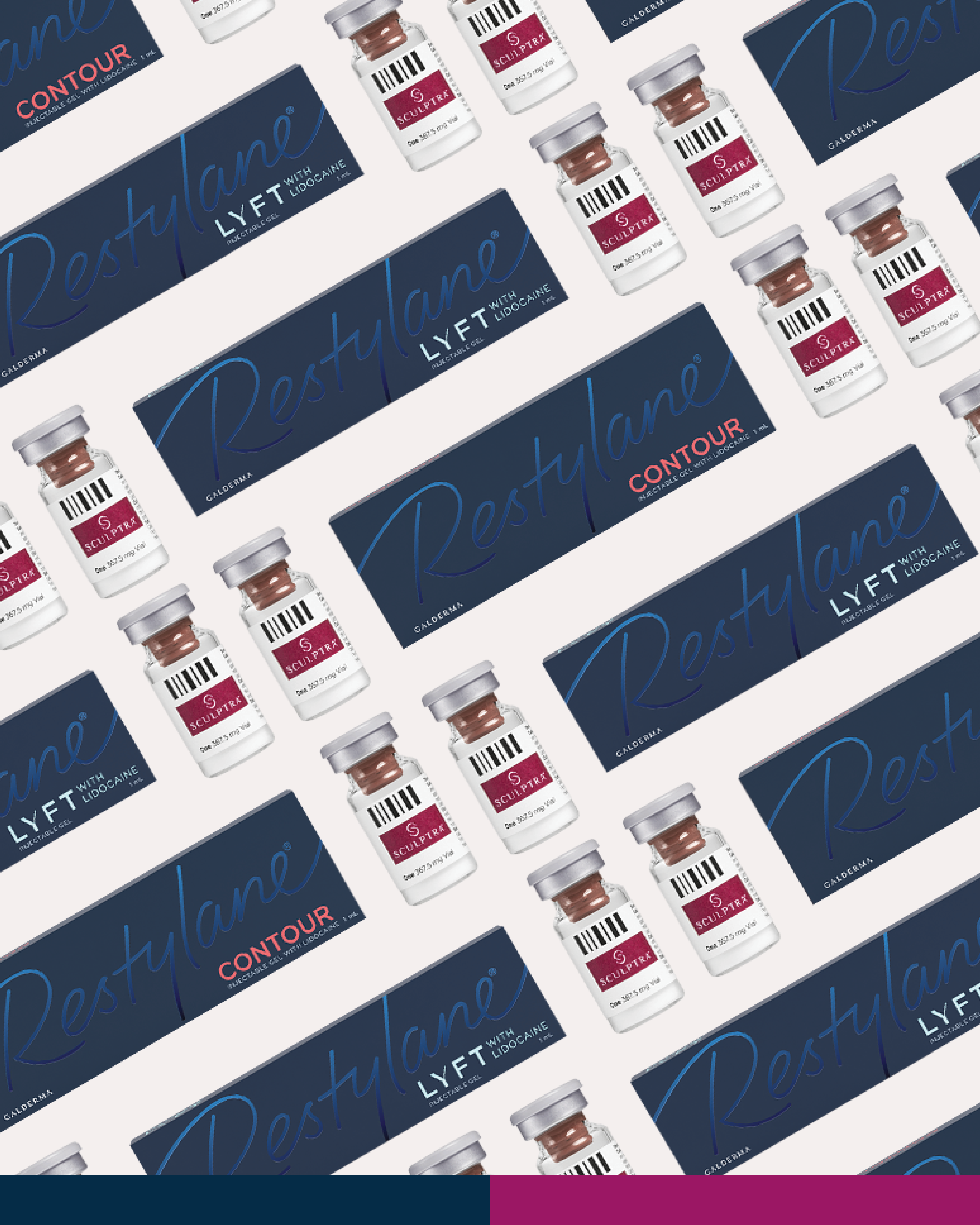 Restylane Lyft and Restylane Contour boxes with Sculptra vials, Galderma injectables