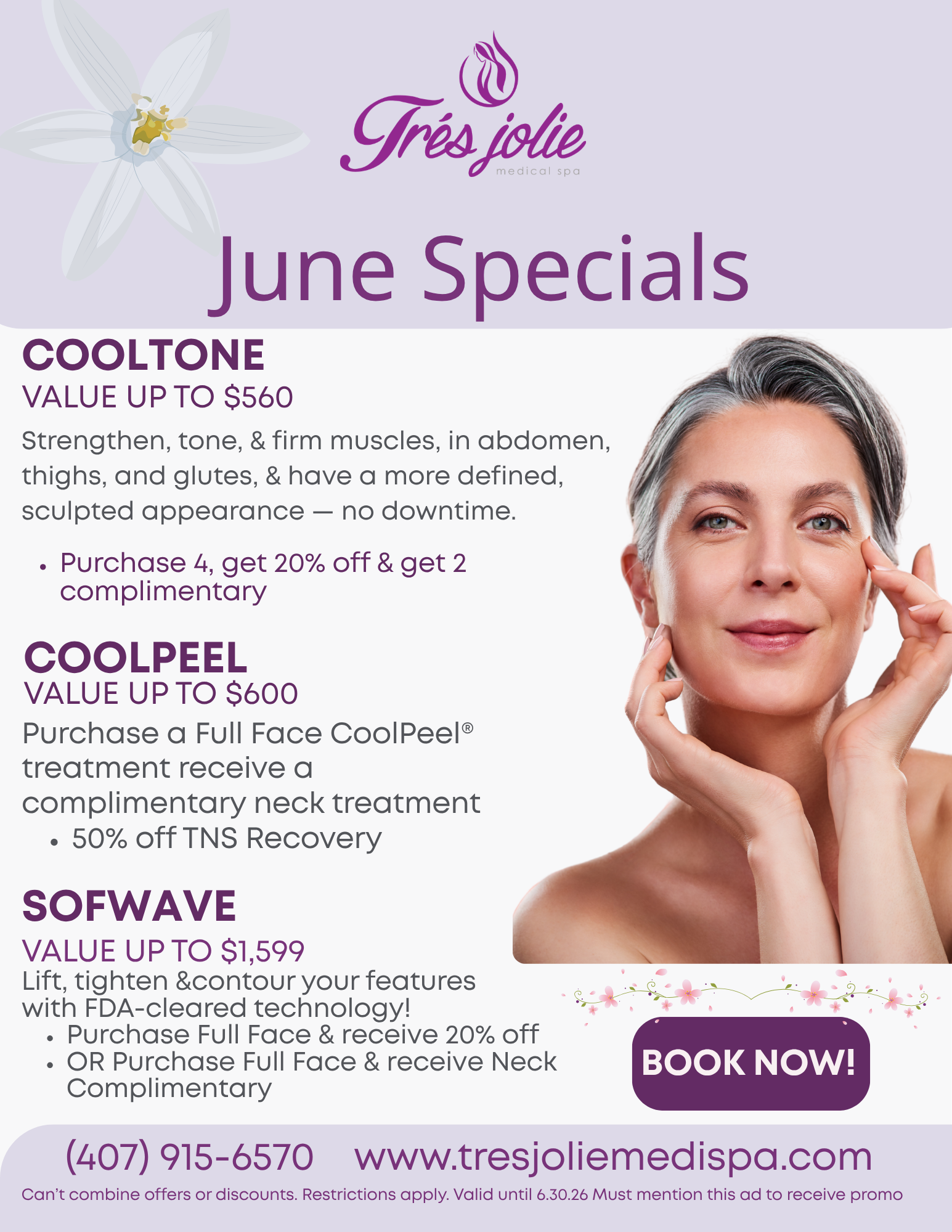 June specials at Très Jolie Medical Spa featuring CoolTone, CoolPeel, and Sofwave treatment promotions